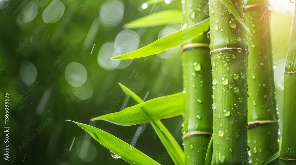 Fototapeta premium Fresh green bamboo stalks and leaves covered in raindrops, illuminated by soft sunlight. A serene and refreshing nature scene with a lush, blurred green background