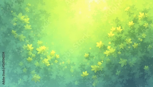 Lush Green Forest with Soft Glowing Light Filtering Through Foliage, Background Illustration