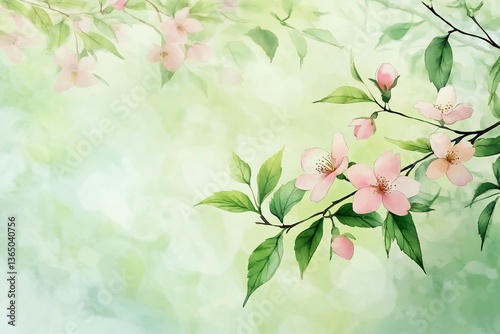 Beautiful watercolor painting of pink blossoms and green leaves photo