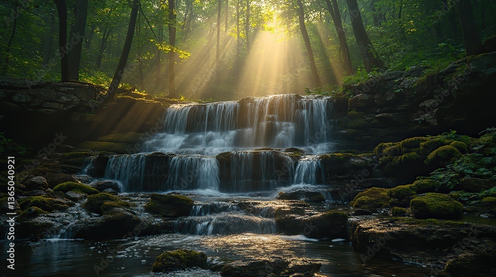 Fototapeta premium Sunbeams on waterfall cascading down mossy rocks in forest.