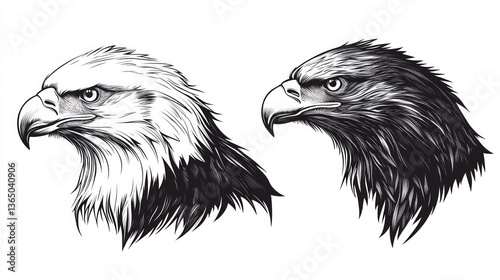A set of black and white eagle head vectors isolated on a transparent background showcasing fierce and powerful designs. AI generative