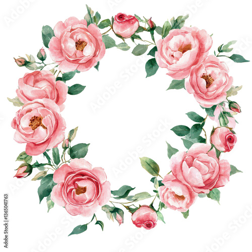 Watercolor floral frame with pink roses, hand-painted, isolated for card design