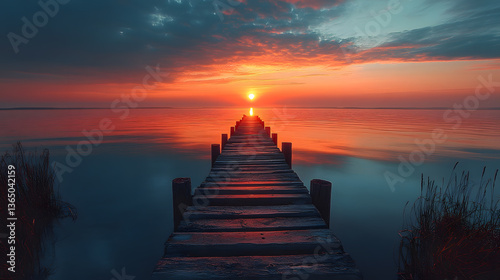 A mesmerizing photography of a Baltic pier leading into the horizon, surrounded by calm waters and a glowing sunrise, creating a sense of infinite tranquility.