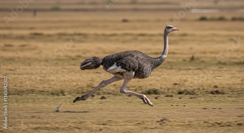 Ostrich Running Fast in African Savanna