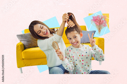 Trend artwork sketch design montage collage of happy holiday international gratitude young woman hold brash hairdo girl smile coach home