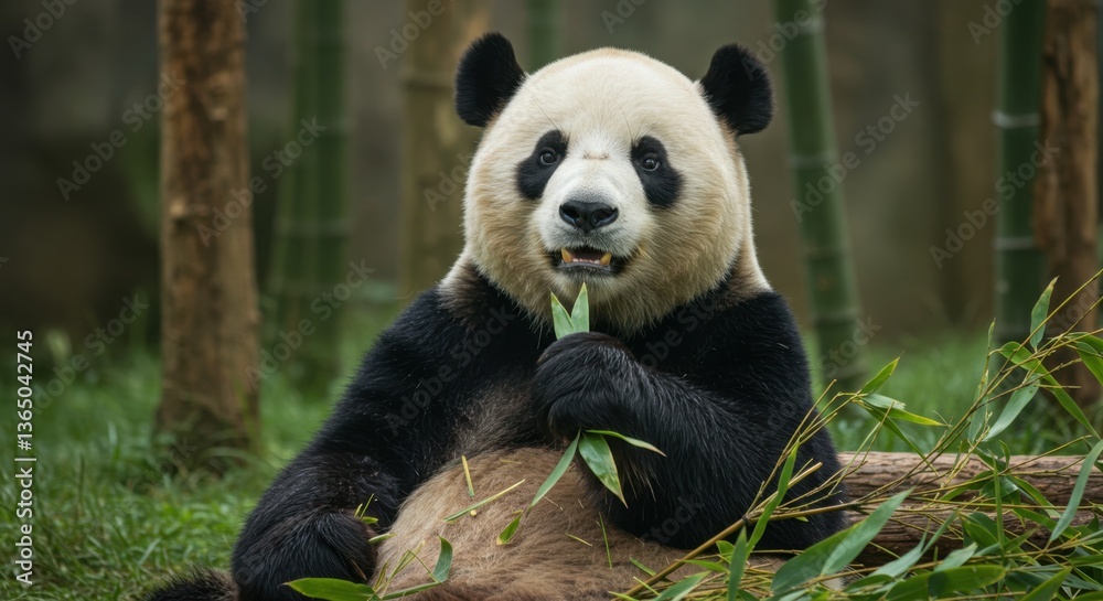 Fototapeta premium Panda Eating Bamboo in Nature Reserve