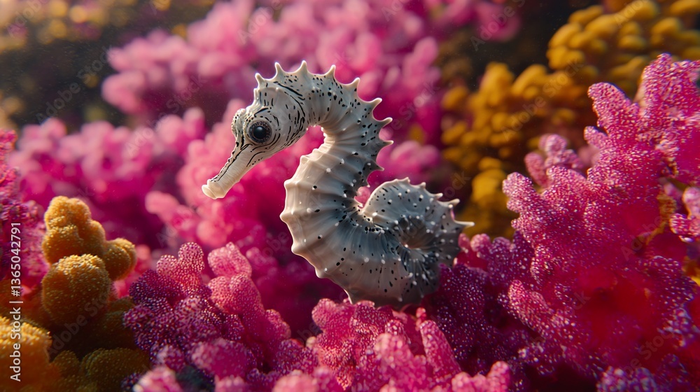 Obraz premium Seahorse amidst vibrant coral reef, underwater scene