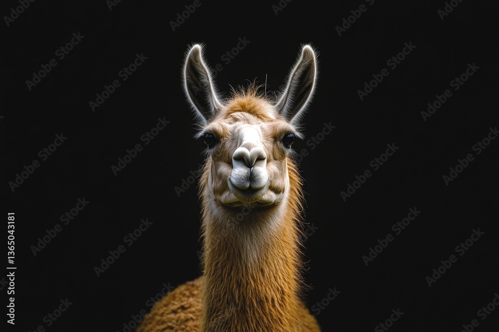 Obraz premium A llama stands out vividly against a dark, black backdrop, creating a striking contrast.