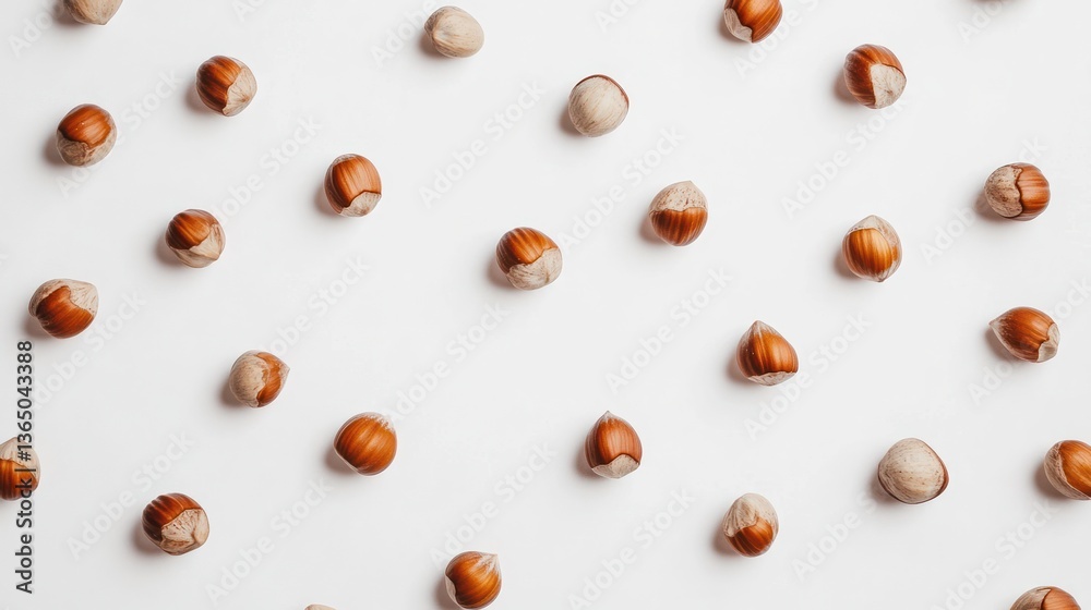 Hazelnuts arranged on a white background, food photography, still life, use for nutrition articles, or healthy food blogs Hazelnuts arranged on a white background, food photography, still life, use for nutrition articles, or healthy food blogs