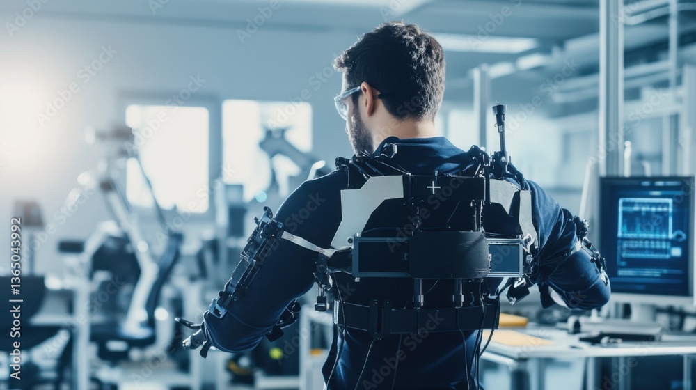 A robotics engineer designing exoskeletons for improving human strength and mobility, lab with robotic exoskeletons and biomechanics data visible, High-tech style A robotics engineer designing exoskeletons for improving human strength and mobility, lab with robotic exoskeletons and biomechanics data visible, High-tech style