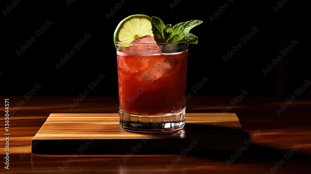 Red cocktail garnished with lime and mint on wooden board Red cocktail garnished with lime and mint on wooden board