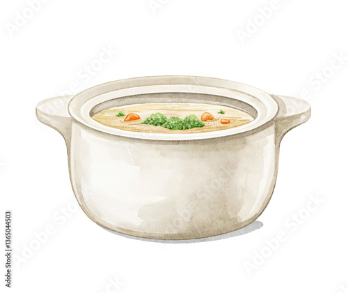 Cartoon cute cooking pot pan of vegetarian vegetable chicken soup food isolated on white background. Watercolor and pencil hand drawn illustration sketch