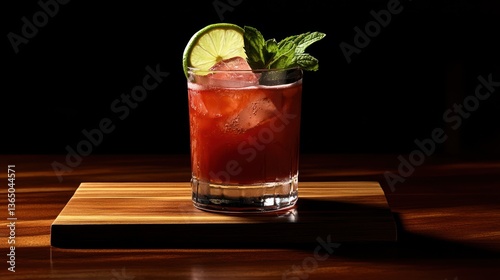 Red cocktail garnished with lime and mint on wooden board photo