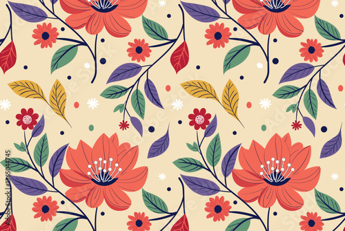 Wallpaper Mural Summer seamless botanical pattern with bright plants and flowers on a beige background. Floral printing and textiles. Beautiful exotic plants. Torontodigital.ca