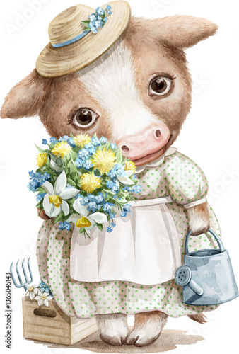 Cute cartoon character animal redhead cow in dress holds bouquet of flowers and watering can isolated on white background. Watercolor hand drawn illustration sketch vector
