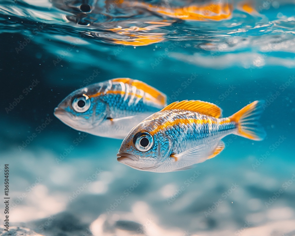 Fototapeta premium Two fish swim near ocean floor, sunlight above. Underwater marine life photo for websites
