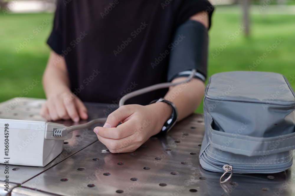 Fototapeta premium Young boy measuring blood pressure in a park. Concept of children’s health, early diagnosis, and medical awareness. Preventive healthcare and active lifestyle