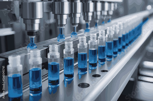Pharmaceutical Manufacturing: Automated Liquid Filling of Vials on Production Line, chemical industry

