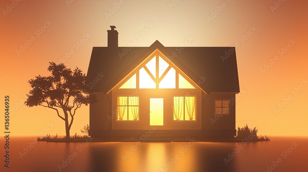 A charming house emits a warm glow at sunset time A charming house emits a warm glow at sunset time