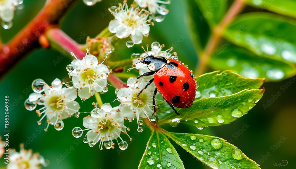 Naklejka premium Close-up of ladybug on dew-kissed flowers with vibrant green leaves