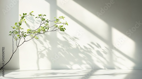 Minimalist Spring Branch Sunlight Shadow White Wall Background Botanical Photography Fresh Green Leaves Nature Scene Modern Interior Design Home Decor