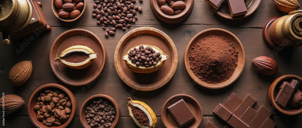 Obraz premium A variety of cocoa products are beautifully arranged on a wooden table. Bowls hold cocoa powder, nuts, and chocolate pieces, showcasing the richness of chocolate-making ingredients and their textures