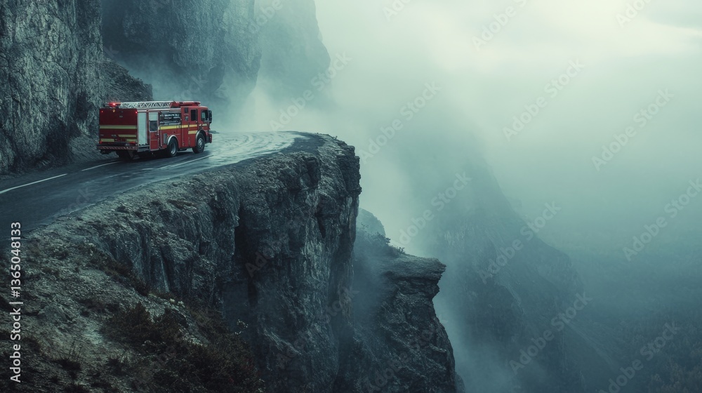 Fototapeta premium Fire truck on misty cliffside road in foggy mountain landscape