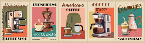 A series of coffee posters featuring different coffee makers and cups. The ads are colorful and feature a variety of coffee-related items