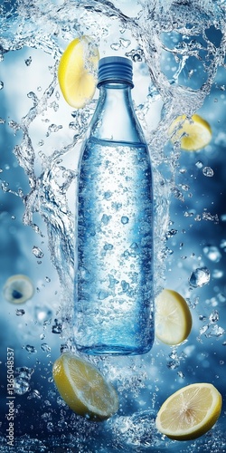 Sparkling lemon water bottle with ice and splash effect