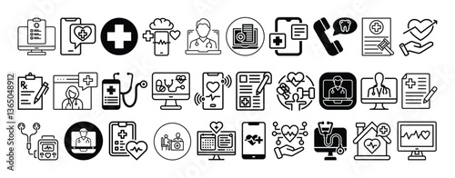 Telemedicine, Digital Health, Online Doctor Consultation, Medical and E Prescription icon set collection vector design.