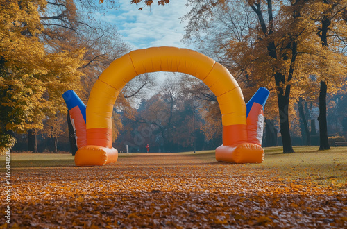 Striking inflatable arch elegantly signals the end of an exhilarating nature race set amidst wilderness