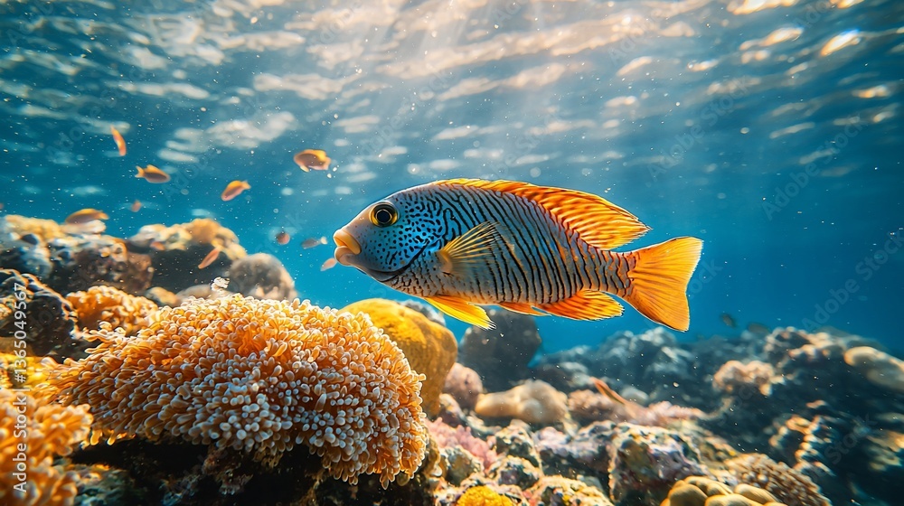 Fototapeta premium Tropical fish swims near coral reef, sunlight underwater