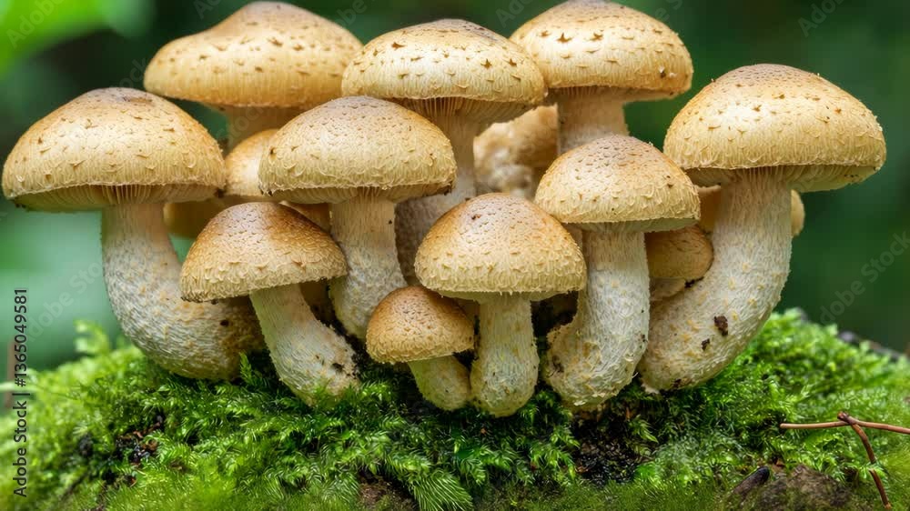 Group of golden mushrooms growing on a mossy log in a lush forest during early autumn Group of golden mushrooms growing on a mossy log in a lush forest during early autumn