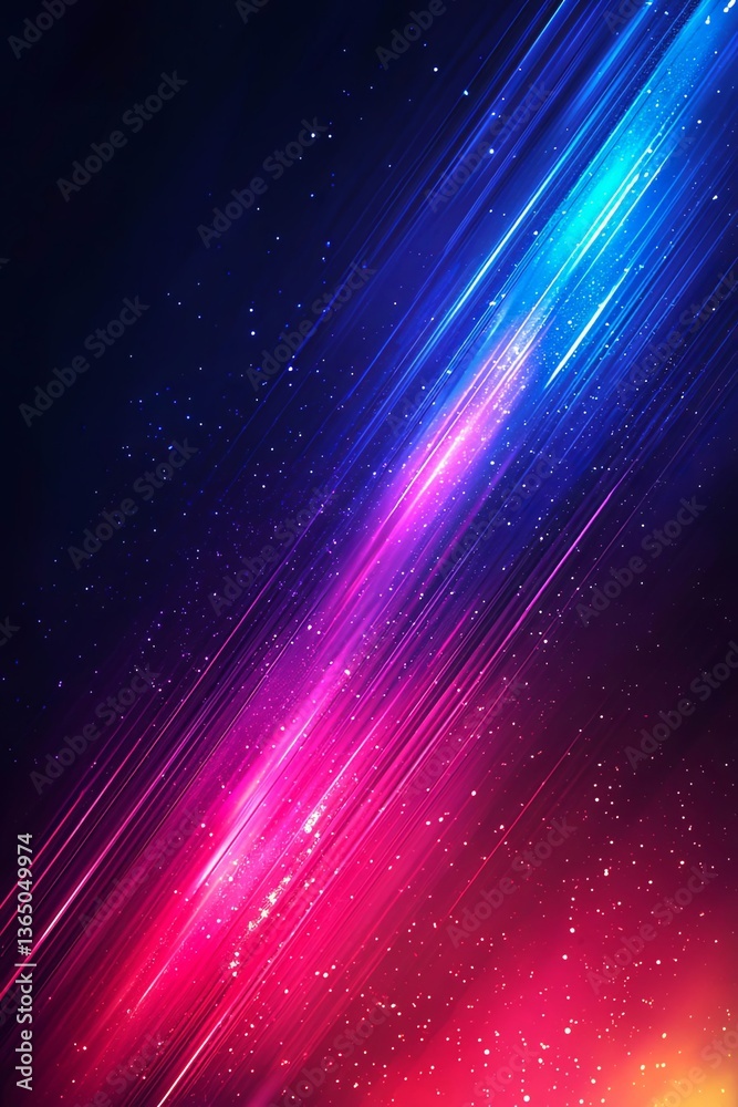 Fototapeta premium Vertical Abstract technology futuristic glowing blue and purple light lines with speed motion blur effect on dark blue background.