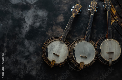 Rustic banjos on dark charcoal evoke vintage haze and soulful melodies in atmospheric artistic compositions