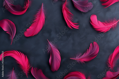 Drifting rose red neon feathers settle on charcoal backdrop, evoking surreal artistry and mystical illumination