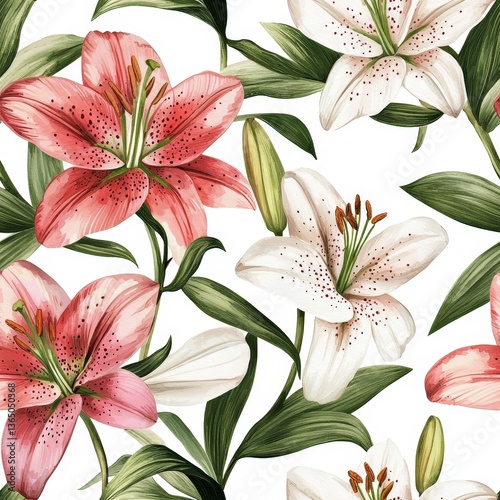 Watercolor lily flower plant flora bloom botany seamless pattern ornament tile design