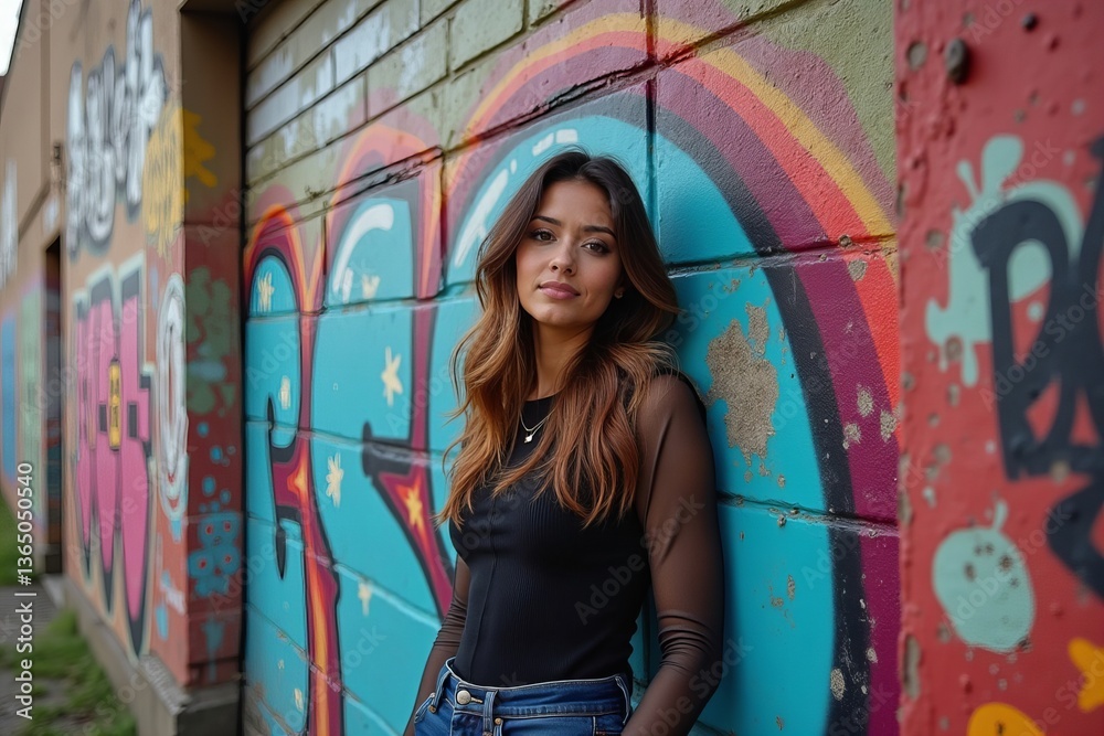 Naklejka premium The juxtaposition of urban grit and beauty: woman poses in front of vibrant graffiti-covered wall.
