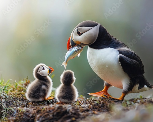 Puffin feeding chicks, coastal cliff, blurred background, wildlife nature
