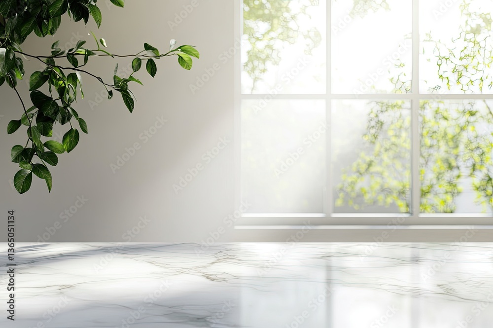 Empty marble surface in front of a sunny window with greenery Empty marble surface in front of a sunny window with greenery
