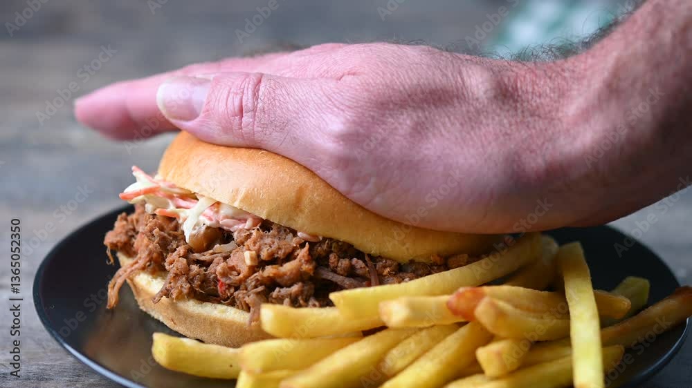 Pulled pork sandwich with coleslaw salad and french fries on wooden table