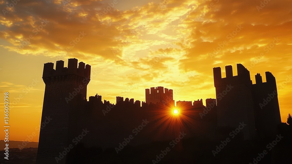 Obraz premium The sight of a castle at sunset, with its towers silhouetted against a golden sky, evokes a sense of timelessness and grandeur, drawing visitors into its rich history.