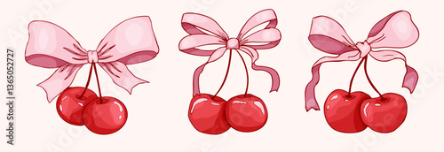 Cherry with bow coquette girly fruit, tie ribbon sketchy doodle drawing, y2k retro aesthetic. Whimsical cute cherry. 