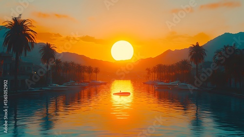 A brilliant golden sunset over calm water near tropical palm trees