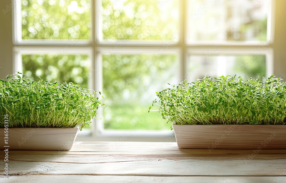 Freshly sprouted microgreens on a wooden table in front of a window Freshly sprouted microgreens on a wooden table in front of a window