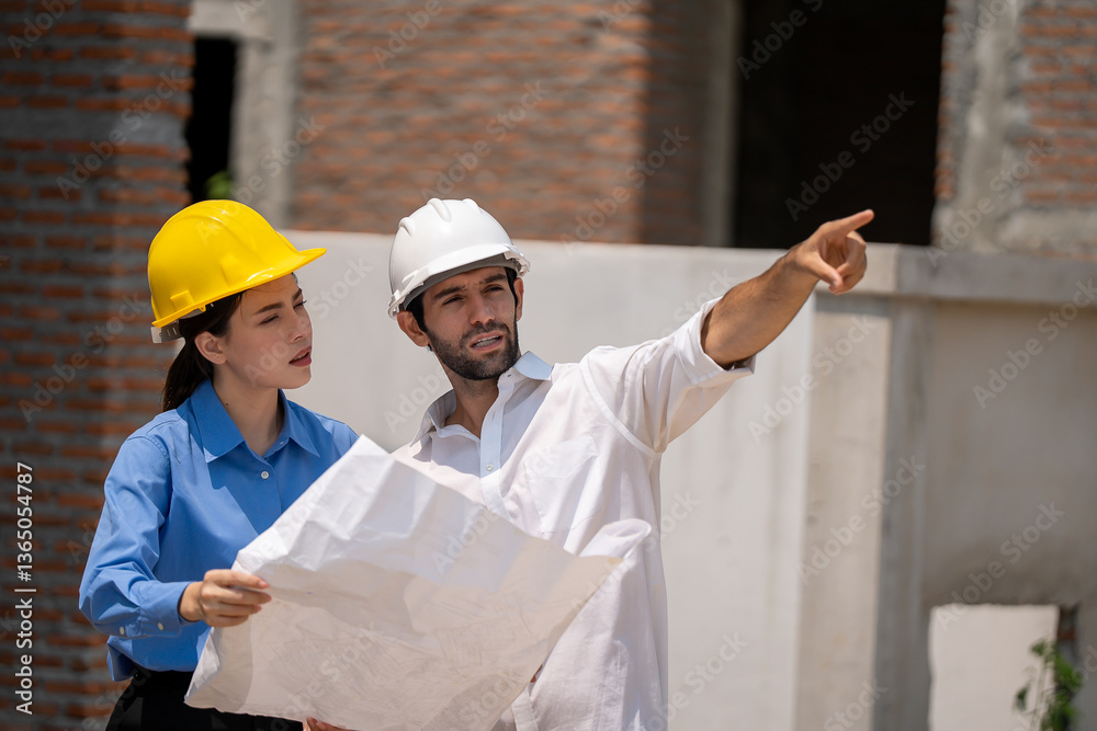 Architect caucasian man working with colleagues mixed race in the construction site. Architecture engineering at workplace. engineer architect wearing safety helmet meeting at contruction site.
Architect caucasian man working with colleagues mixed race in the construction site. Architecture engineering at workplace. engineer architect wearing safety helmet meeting at contruction site.