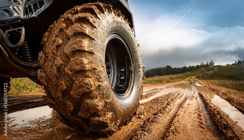 large muddy tire of an all terrain vehicle on a wet dirt road