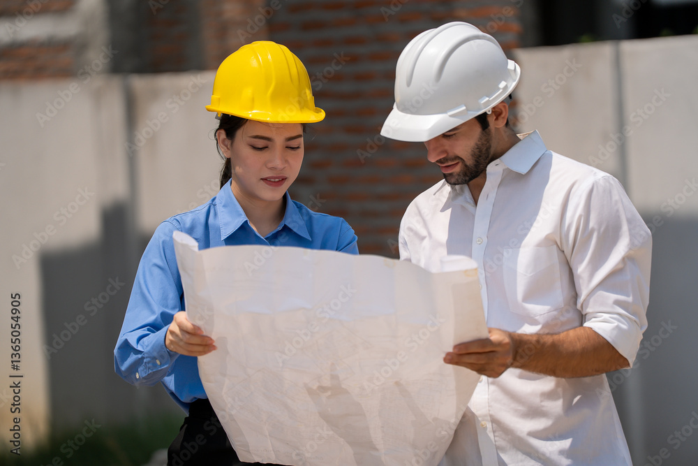 Construction engineers supervising progress of construction project. engineering or worker in safety vest observing a building. worker, Architecture, engineer, architect wearing safety helmet meeting. Construction engineers supervising progress of construction project. engineering or worker in safety vest observing a building. worker, Architecture, engineer, architect wearing safety helmet meeting.