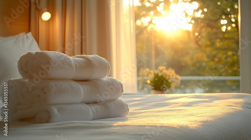 Sunlight shines through a window into a hotel room with white towels on a bed, creating a cozy and inviting atmosphere for summer vacation guests.