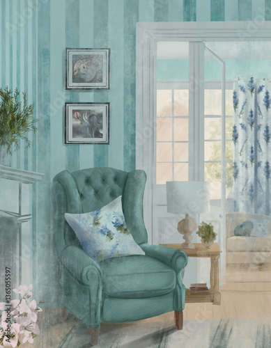 an illustration of a cozy living room interior in a house in blue tones with a sofa, armchair, pillows, floral curtains and a large window